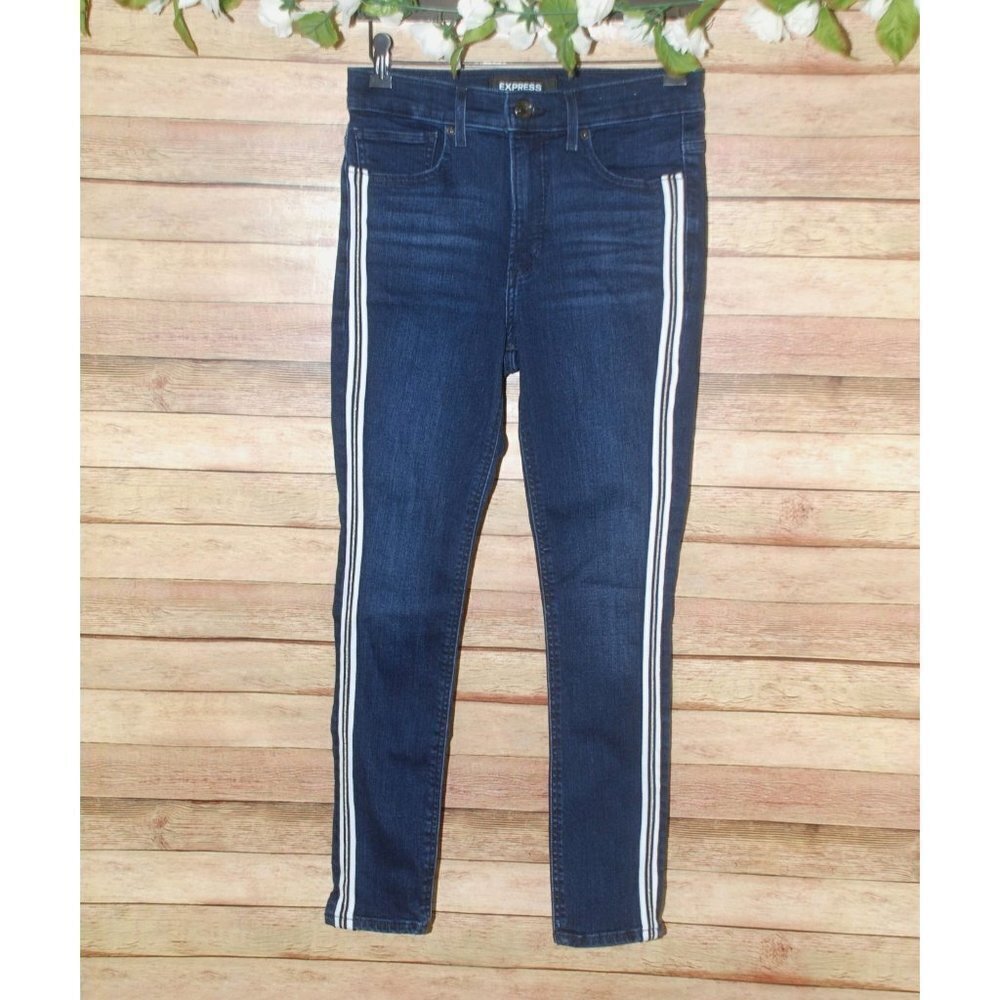 Express Ankle High Rise Denim Perfect Metallic Side Stripe Skinny Jean Womens 6